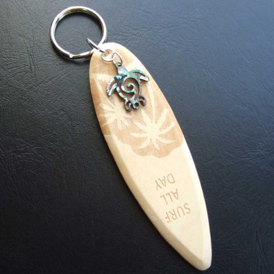 【表示現品】Woodサーブボード+Pauaウミガメ キーホルダー - ETC-90001