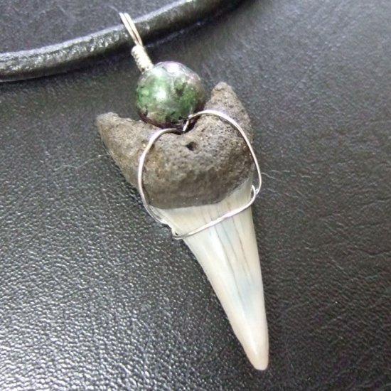 大型アオザメの歯化石 ワイヤーラップペンダント（3.6cm）【現品】 - 30147zhc