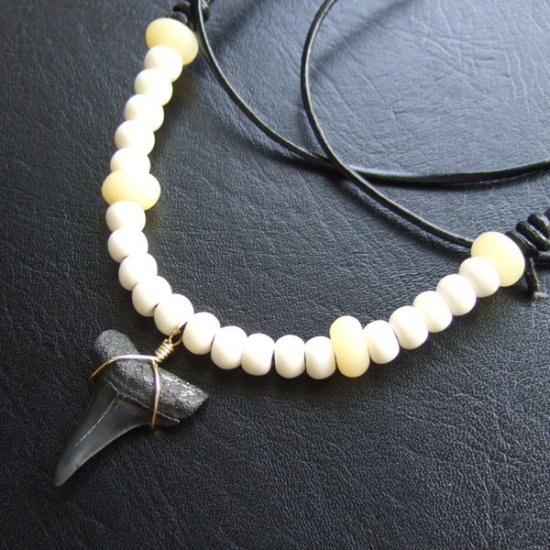 【表示現品】ホオジロザメの歯化石 ボーンビーズチョーカー - 30217zhb