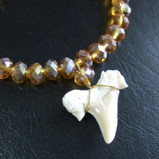 【訳あり現品】サメの歯化石グラスビーズブレスレット - 30280zhb