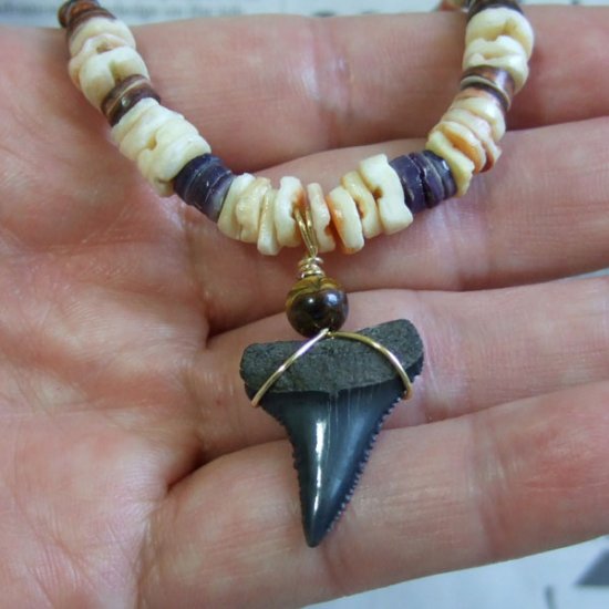 【表示現品】ホオジロザメの歯化石 ビーズチョーカー - 30285zhb
