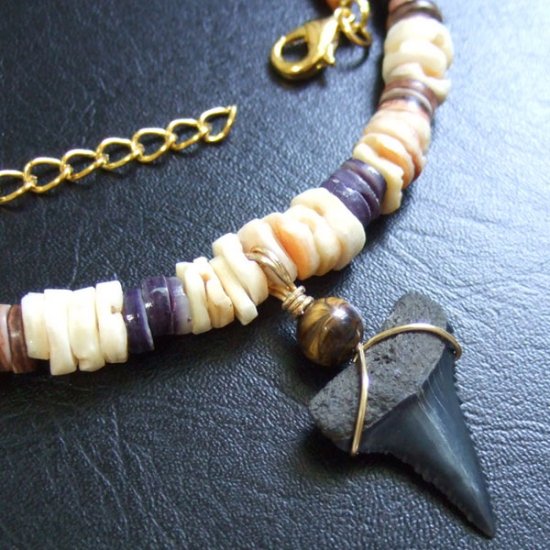 【表示現品】ホオジロザメの歯化石 ビーズチョーカー - 30285zhb