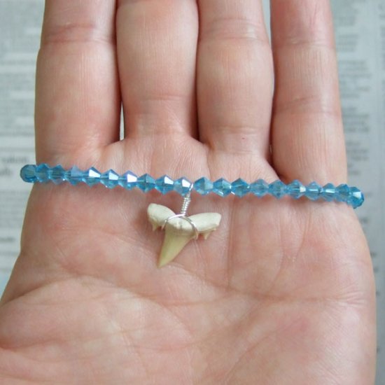 【表示現品】サメの歯化石グラスビーズブレスレット - 30315zhb