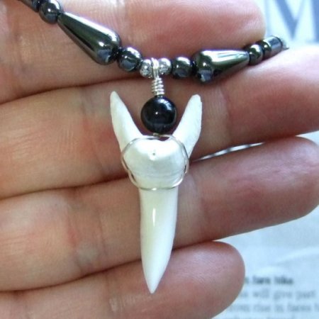 【表示現品】アオザメの歯（約3.6cm）ヘマタイトネックレス - 20659zhb