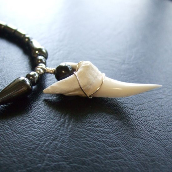 【表示現品】アオザメの歯（約3.6cm）ヘマタイトネックレス - 20659zhb
