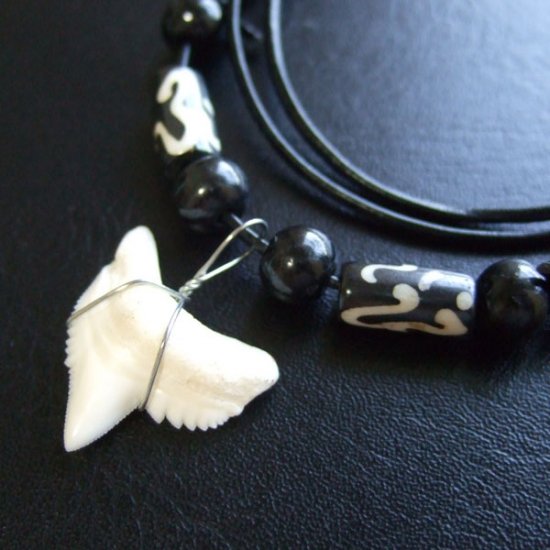 【表示現品】2.4cm 本物のイタチザメ サメの歯ビーズネックレス - 21113zhb