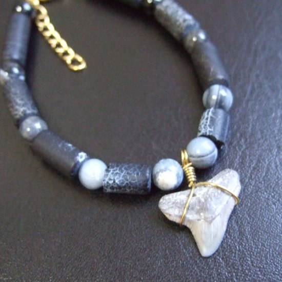 【表示現品】サメの歯化石　ビーズ ブレスレット - 30303zhb