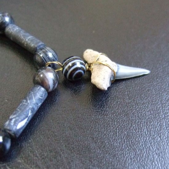 【表示現品】サメの歯化石　ビーズ ブレスレット - 30304zhb