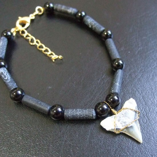 【表示現品】サメの歯化石　ビーズ ブレスレット - 30305zhb