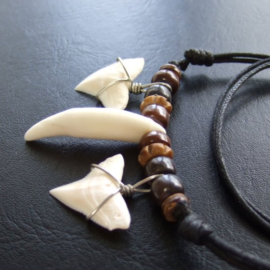 本物の牙とサメの歯コラボペンダント - 15192zhc
