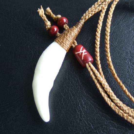 【表示現品】狼牙編み込みネックレス＜カーキコード　中サイズ＞ - 15618zhb