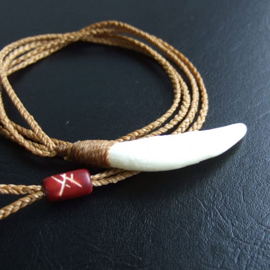 【表示現品】狼牙編み込みネックレス＜カーキコード　中サイズ＞ - 15618zhb