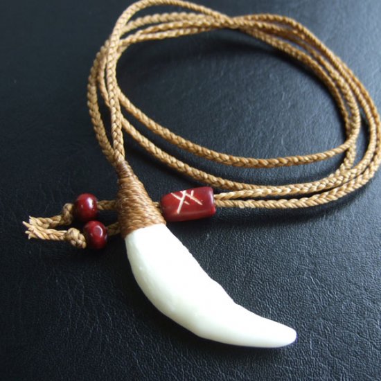 【表示現品】狼牙編み込みネックレス＜カーキコード　中サイズ＞ - 15618zhb