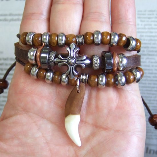 【表示現品】本物の牙レザーコードブレスレット - 15809zhb