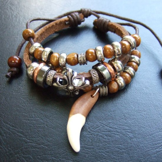 【表示現品】本物の牙レザーコードブレスレット - 15809zhb